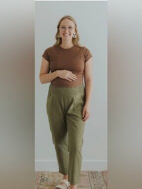 Emme Everyday Transitional Smocked Linen Pant In Olive NWT
